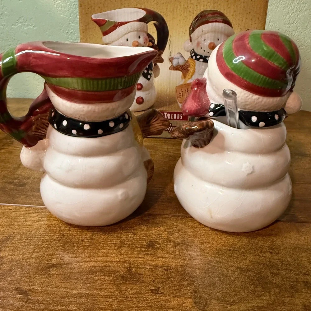 VTG HomeTrends Ceramic Snowman Sugar Creamer Set with Spoon Let‎ It Snow Holiday